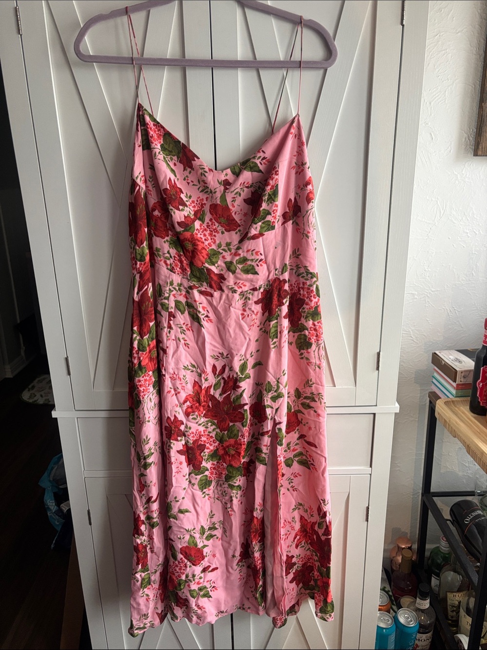 Reformation Pink Floral Slip Dress with Red & Green Bouquet Print